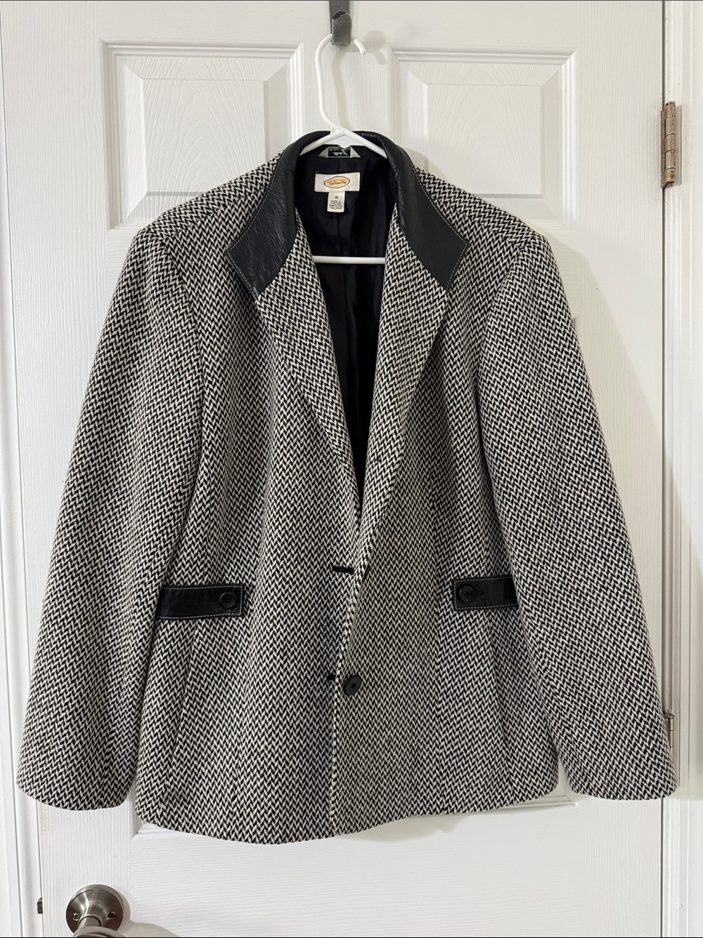 Talbots Black and White Herringbone Blazer with Black Trim
